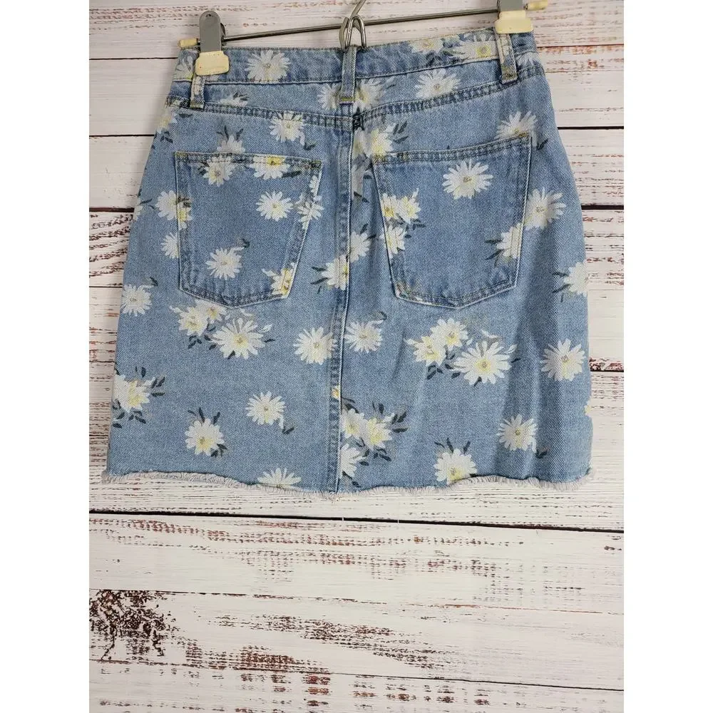 Wild Fable Daisy Print Denim‎ Mini Skirt 0 Womens Blue Button Front NWT
